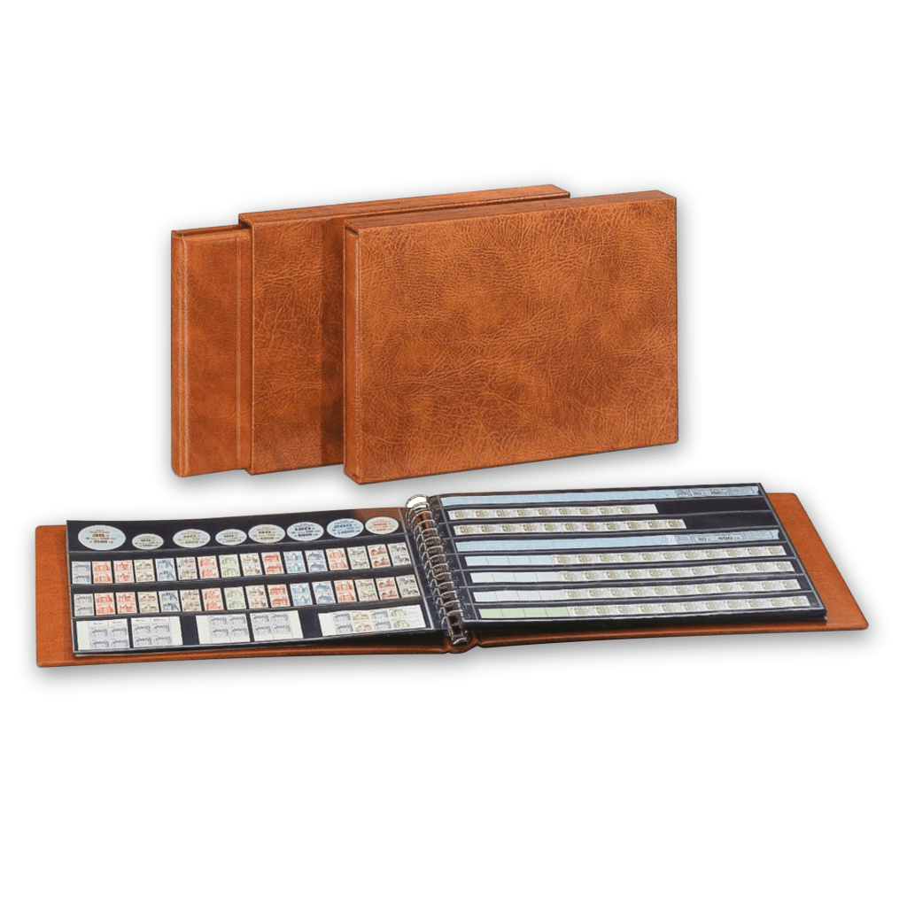 Tan album with an open album in front displaying coil stamps on a white background