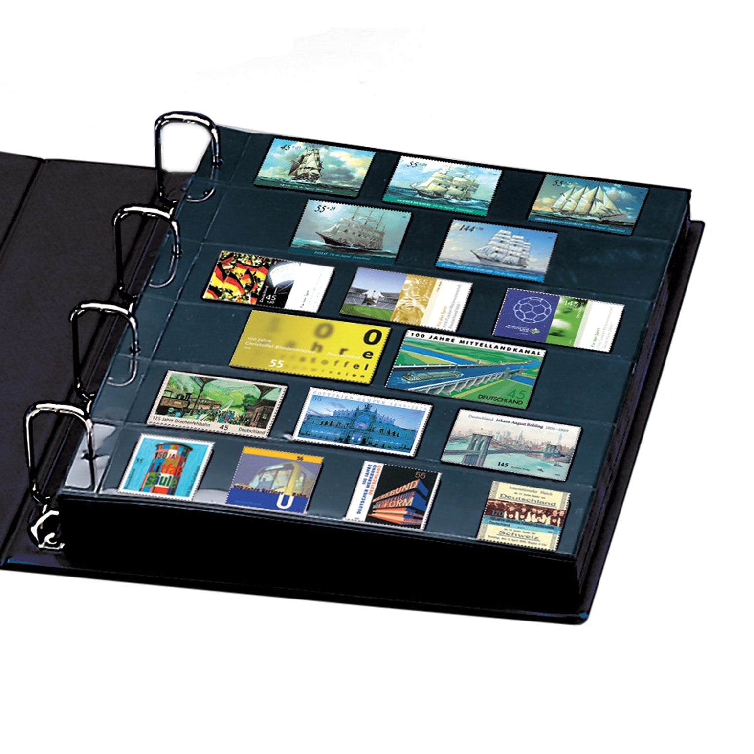A detail shot of an open binder displaying a collection of stamps on a white background