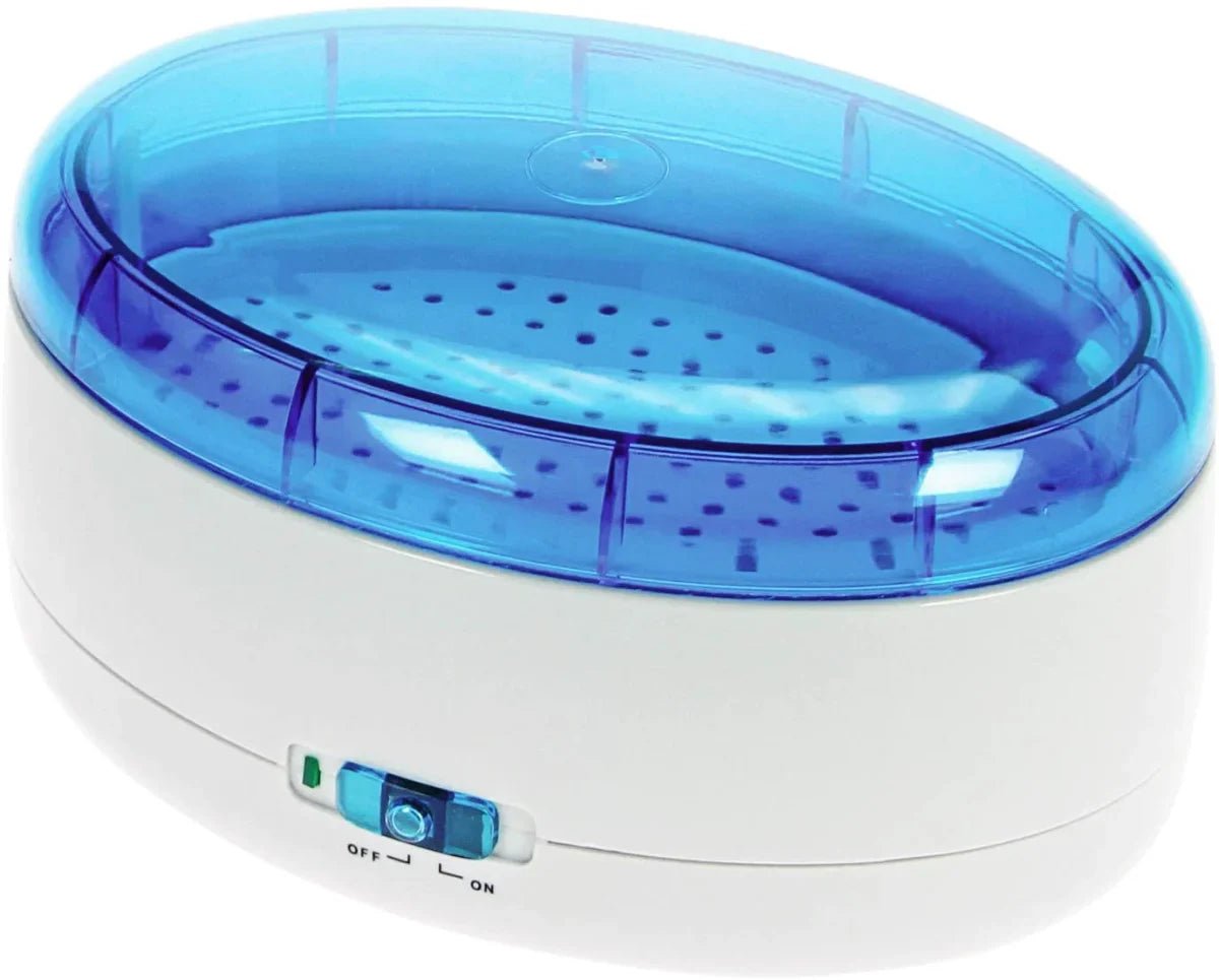 Blue and white ultrasonic cleaner with a single basket and on/off switch, shown with the blue lid on, on a white background