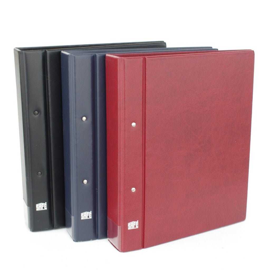 Three album binders in red, blue & black with SAFE logos on a white background