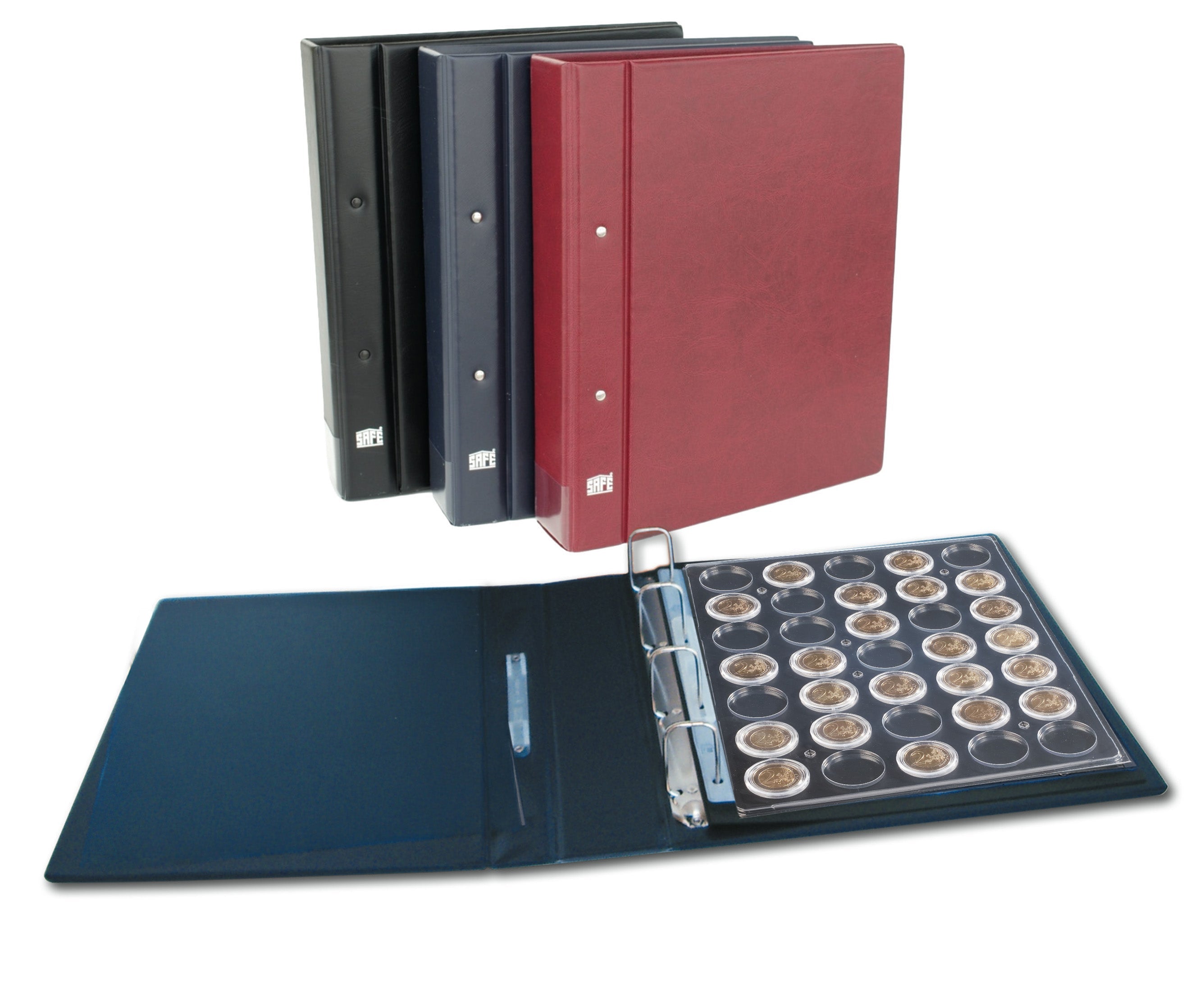 Red, black and navy blue albums with a focus on an open binder displaying a page with coin capsules on a white background.