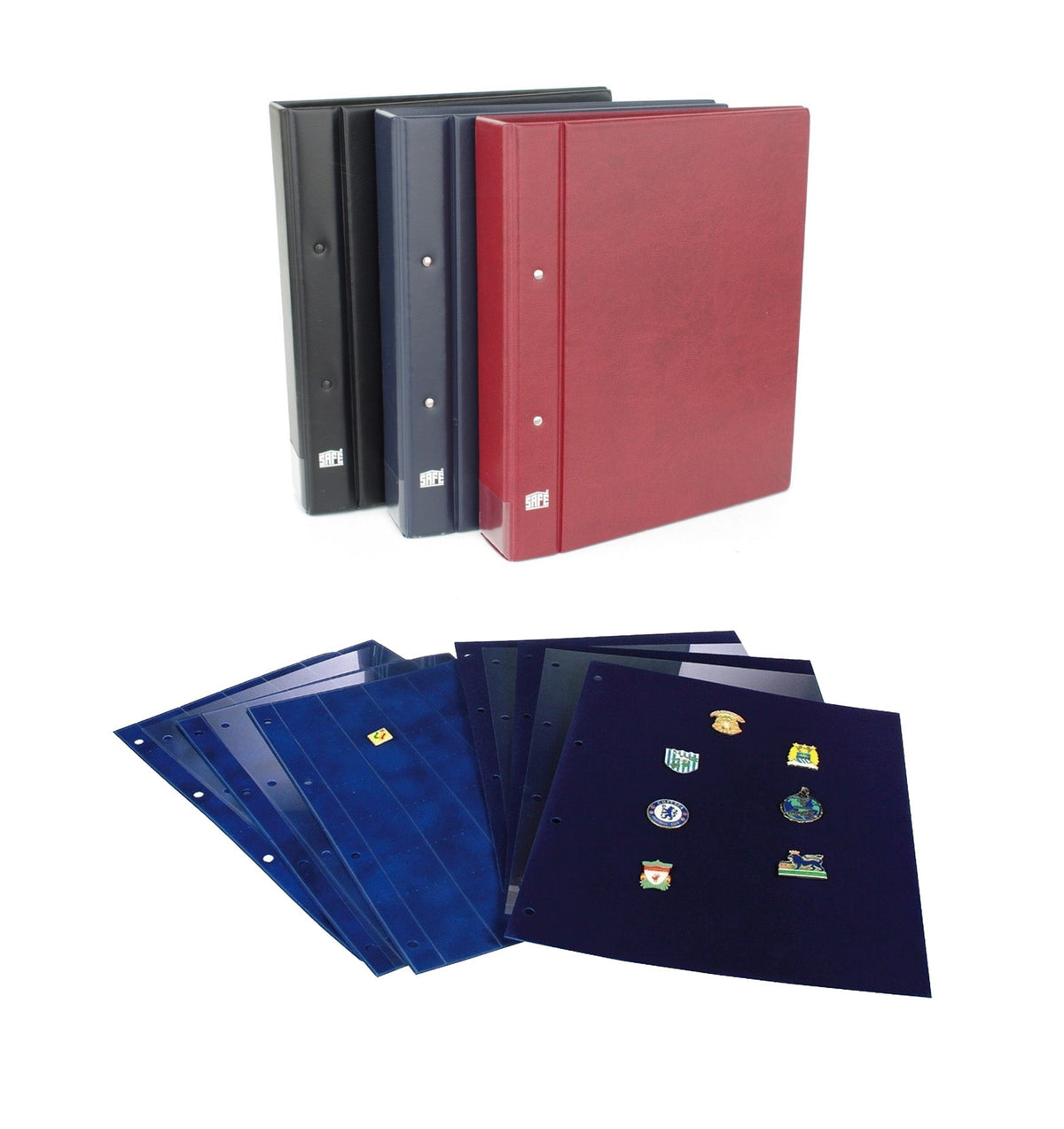 Red, black and navy blue Collecto 4-Ring Albums with a focus on a spread of the Collecto pin pages