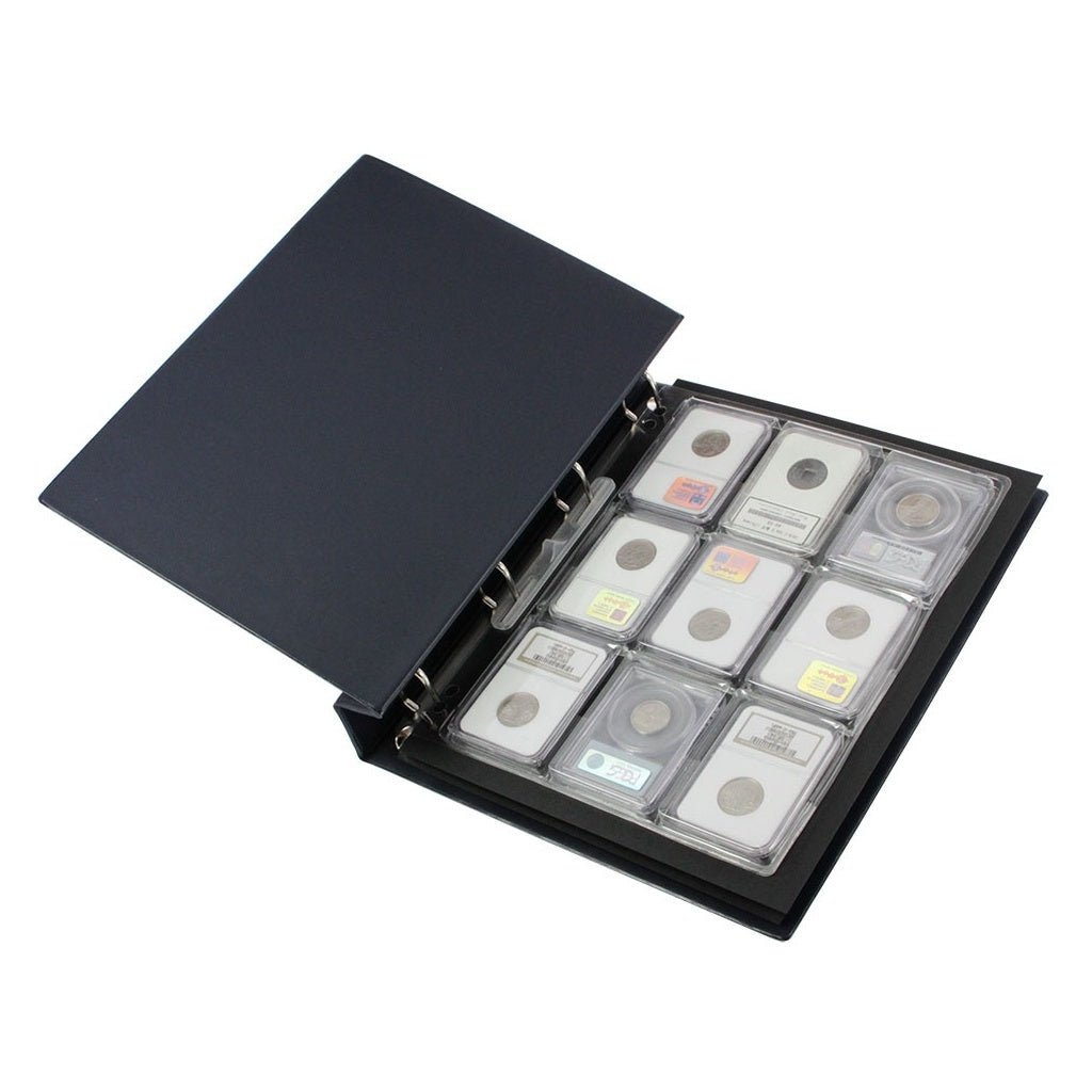A coin album shown open, with a nine pocket page holding graded coin slabs, on a white background.