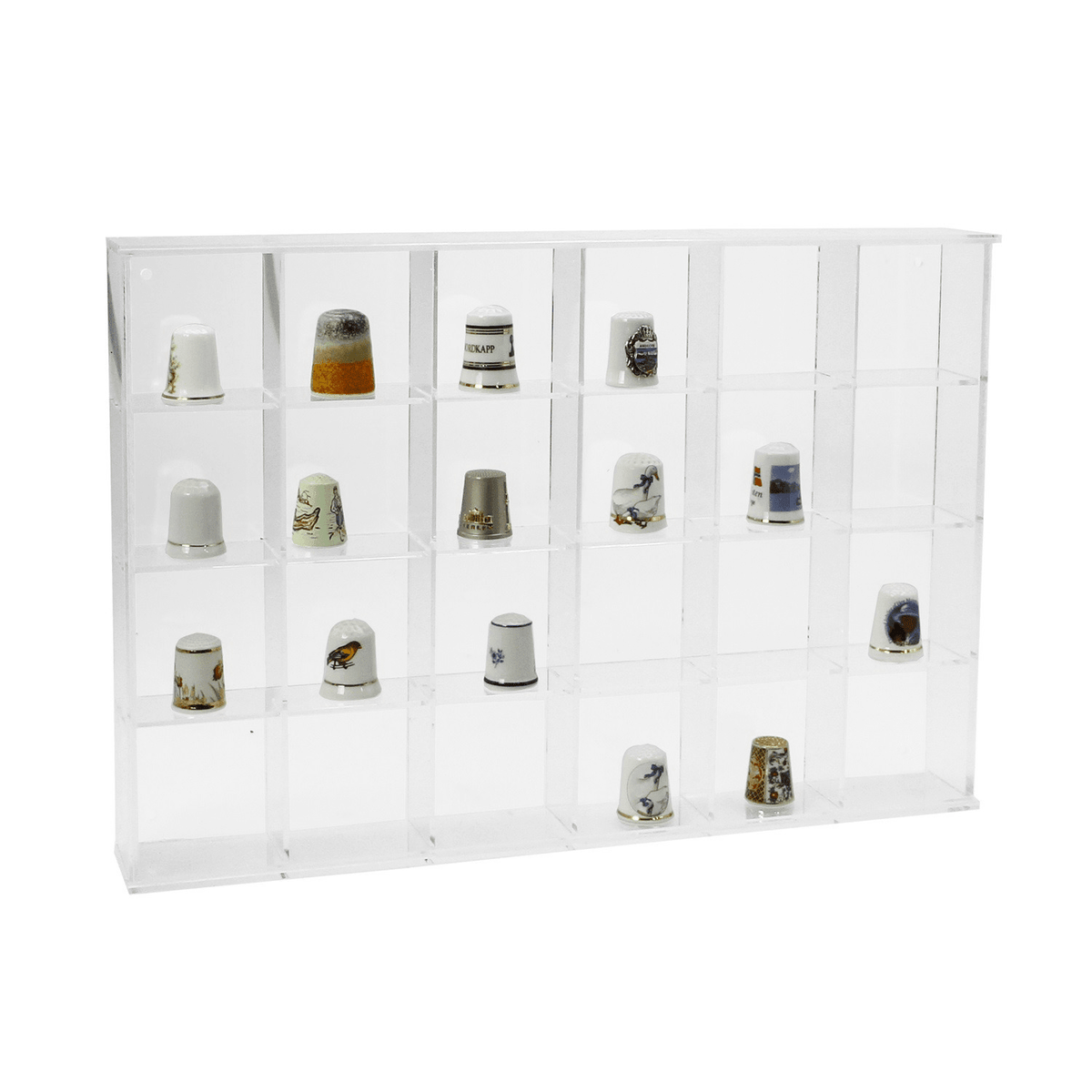 Clear acrylic display case with 24 compartments filled with various collectible thimbles on a white
