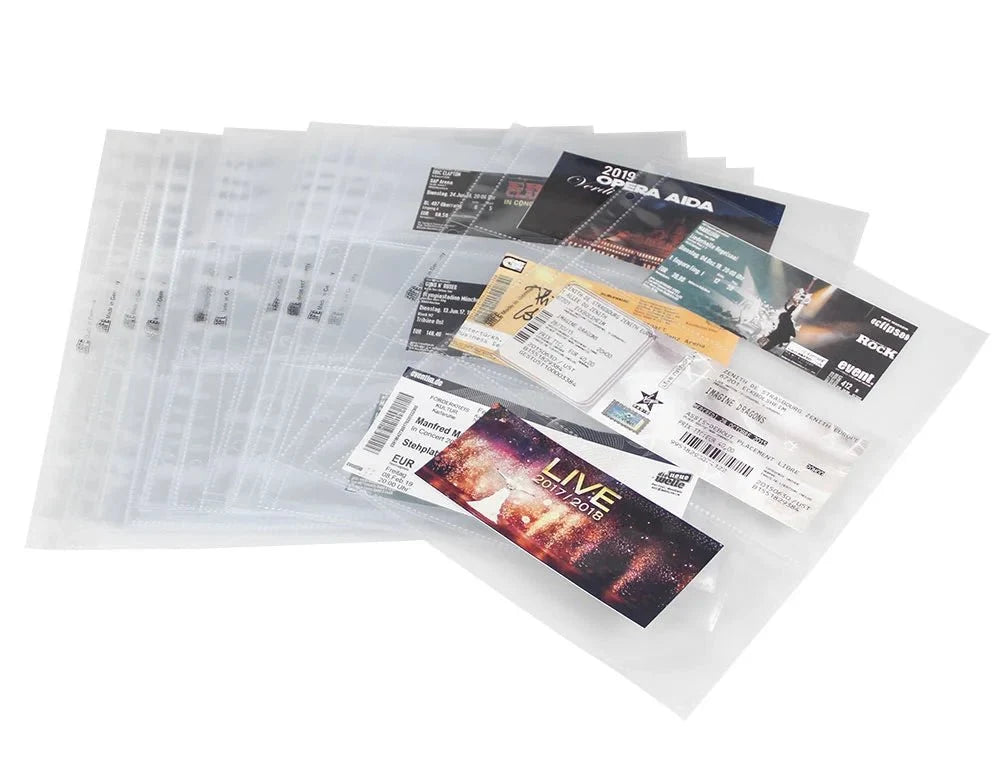 Collection of concert tickets inside transparent collector album pages on a white background