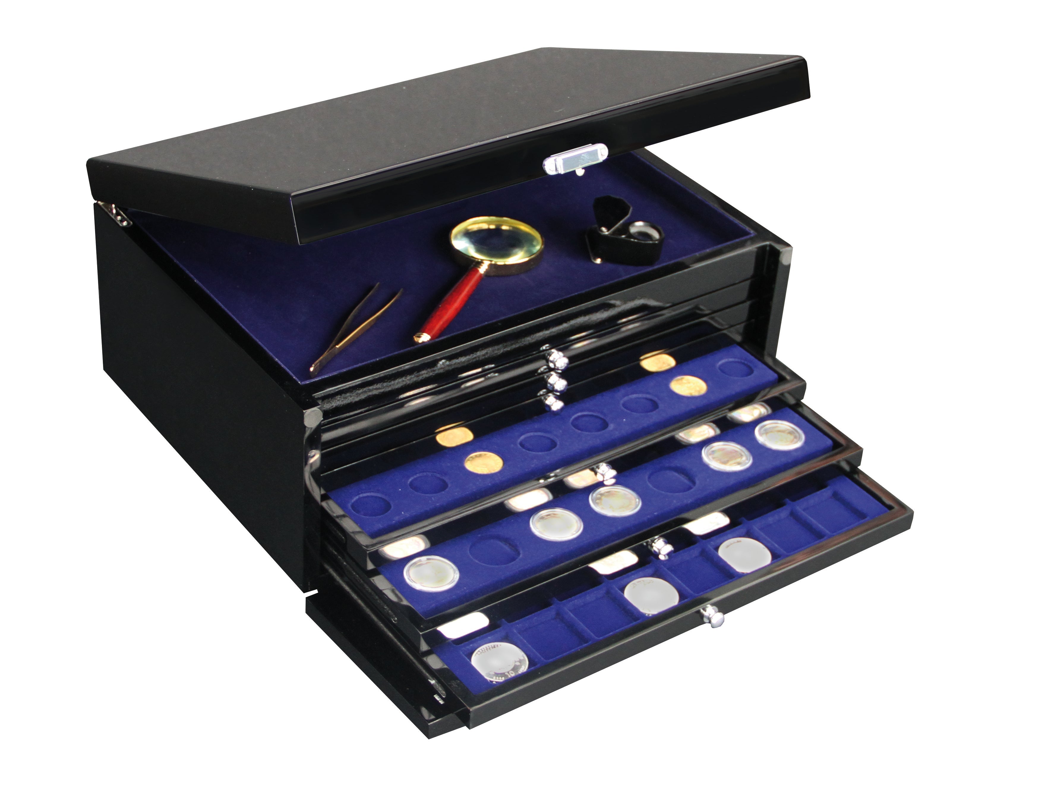 Black coin case with open drawers containing coins and coin tools on a white background