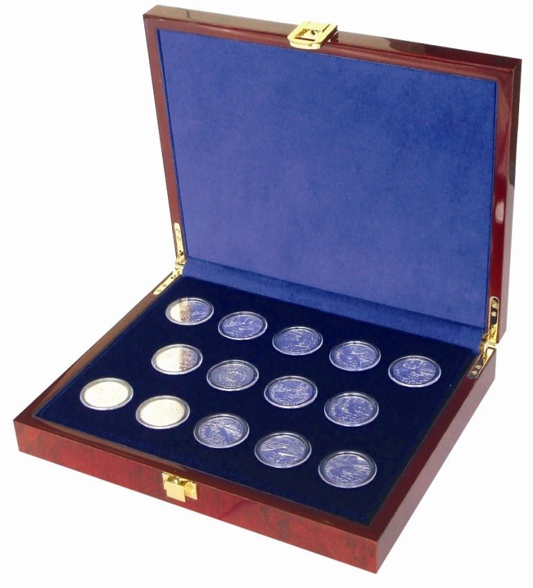 Nova presentation coin cases showcase collections in elegant wood and leather cases for coins, slabs, 2x2 flips and medals.