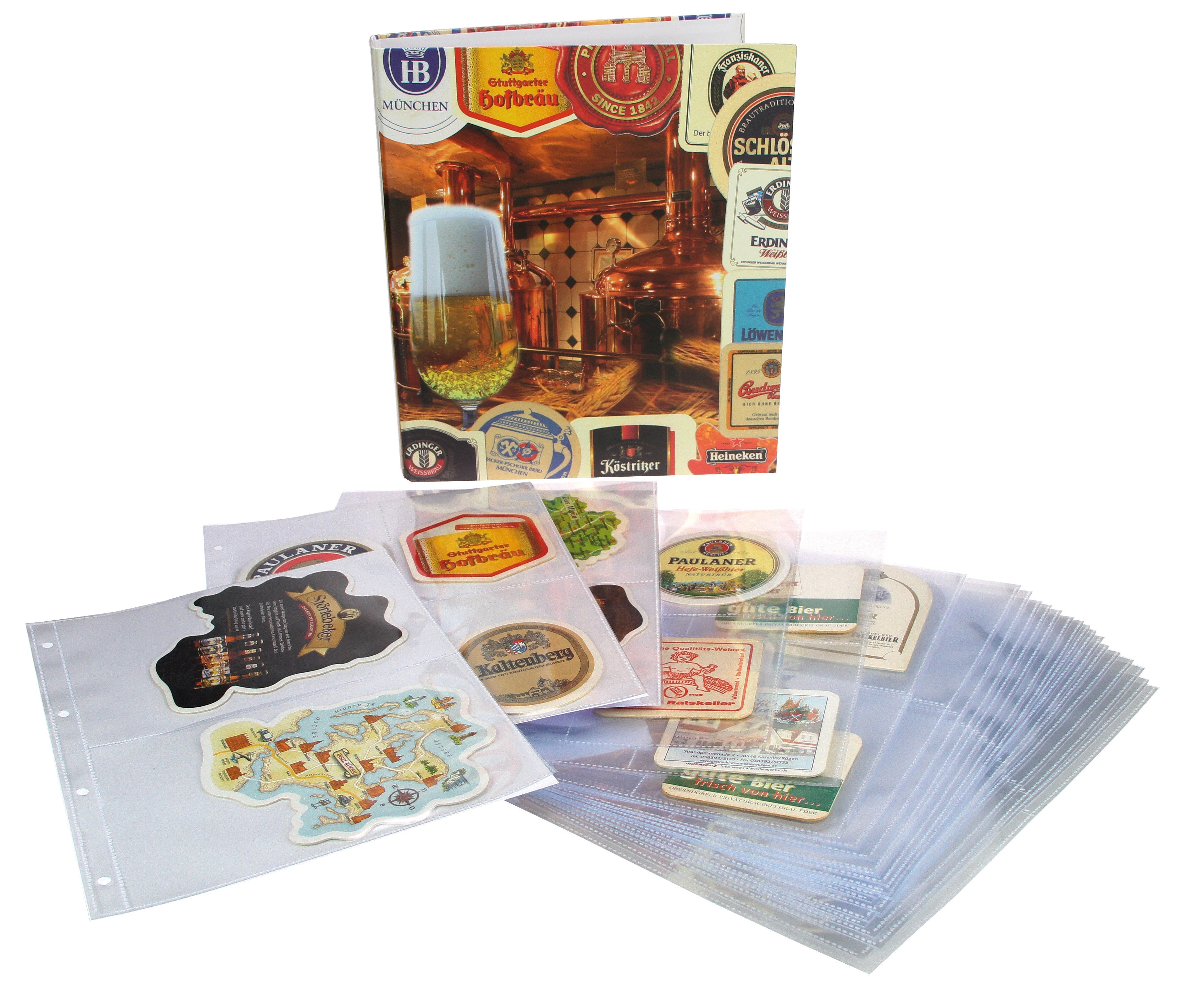 Collection of beer coasters inside the beer coaster refill pages and the beer-themed album on a white background