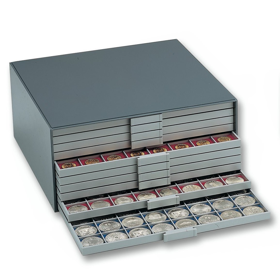 Gray coin drawer unit with open drawers with the red & blue felt inserts showing a collection of coins on a white background