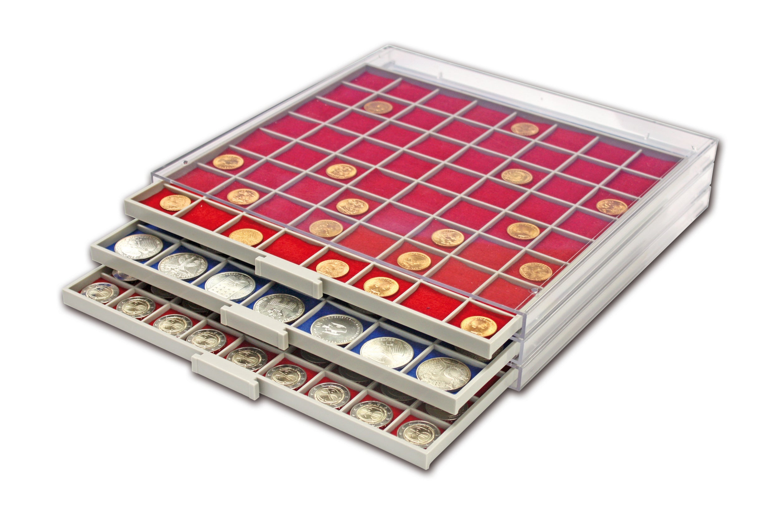 3 acrylic coin drawers stacked on top of each other, open ajar. Compartments lined with red felt and collectible coins.