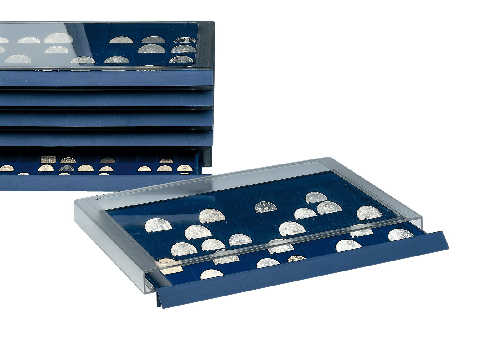 Stack of the acrylic coin drawer units with coins inside on a white background