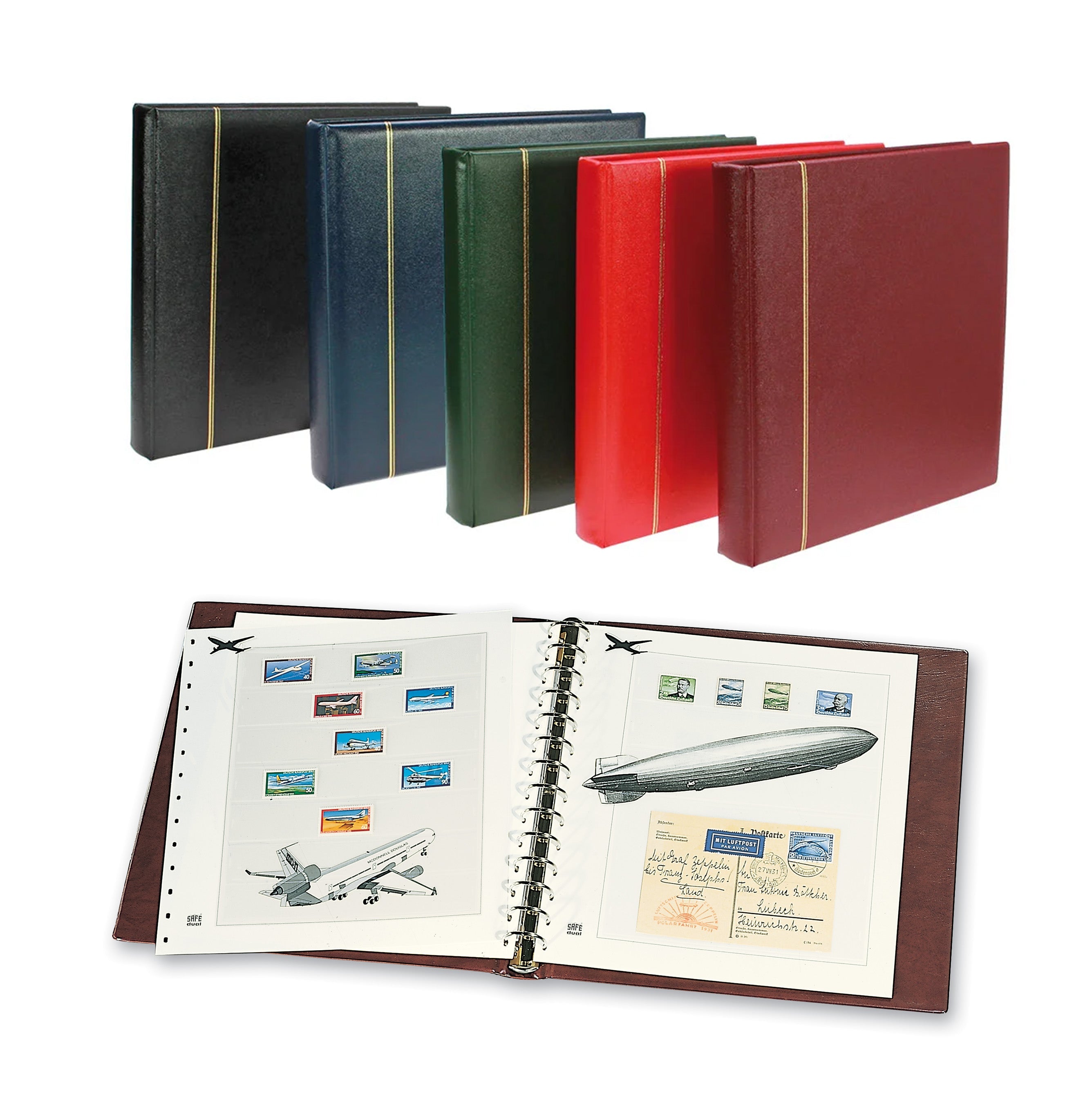 Collection of stamp albums in various colors with an open brown album showing cream exhibit pages displaying a stamp collection & illustrations on a white background.