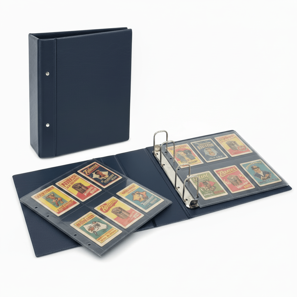 A navy blue 4-ring binder shown both closed and open, with transparent pages holding vintage collectible trading cards.