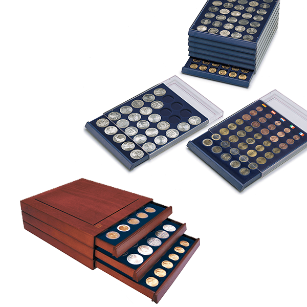 The Nova Coin Collection System connects interchangeable drawers, trays, presentation cases and carrying cases.