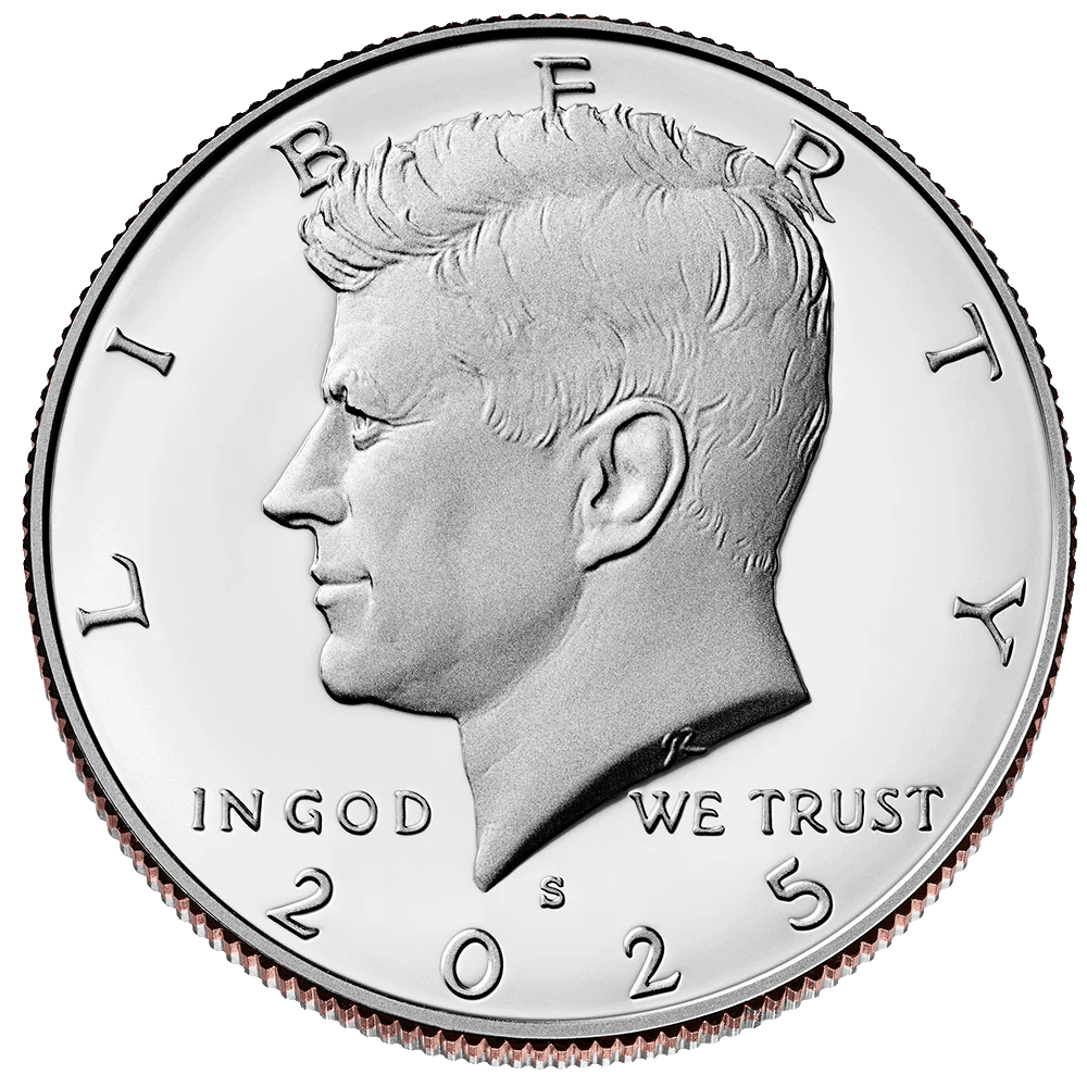 Silver Kennedy Half Dollar coin with a profile of a JFK and 'Liberty' text on a white background