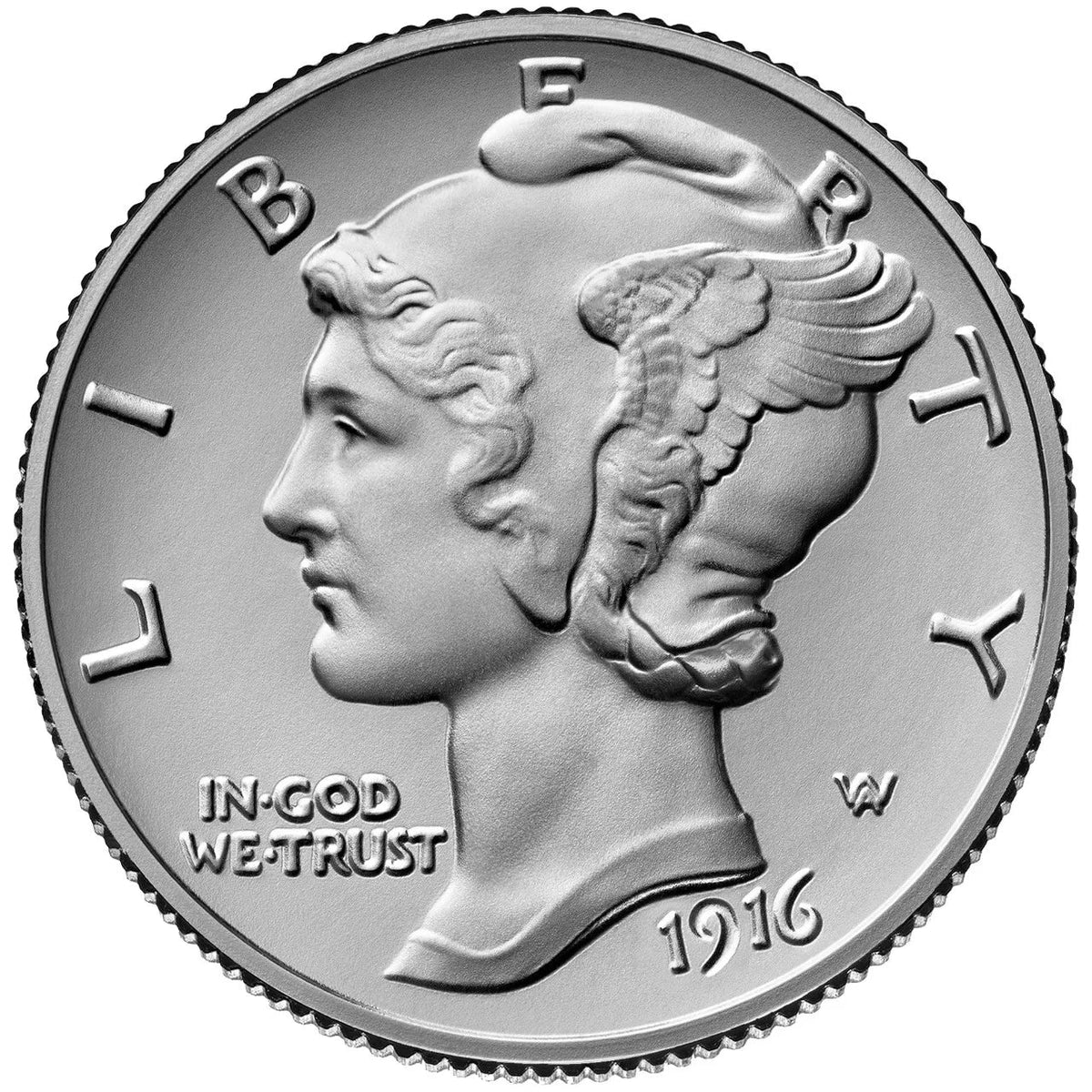 Silver mercury dime coin with a portrait and 'In God We Trust' inscription, dated 1916