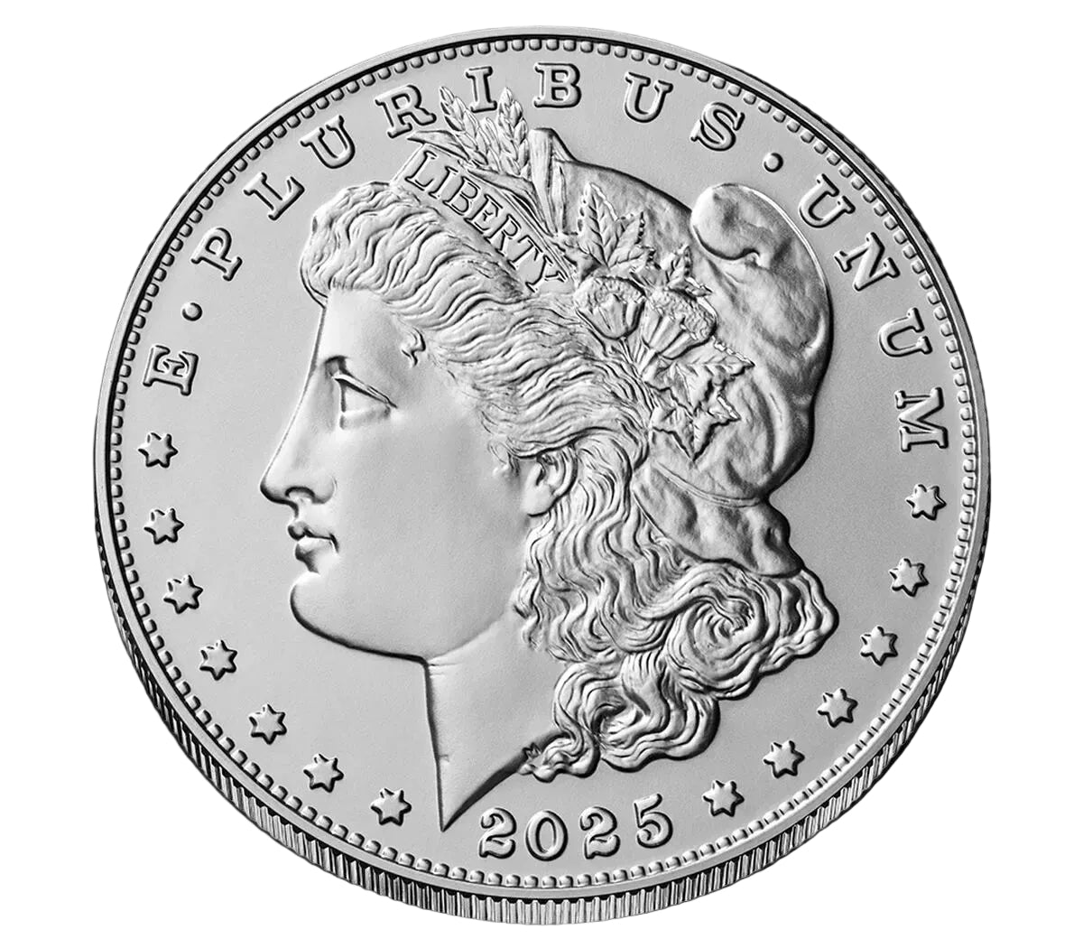 Silver Morgan Dollar coin with a profile of a woman's face and 'E Pluribus Unum' text, dated 2025.