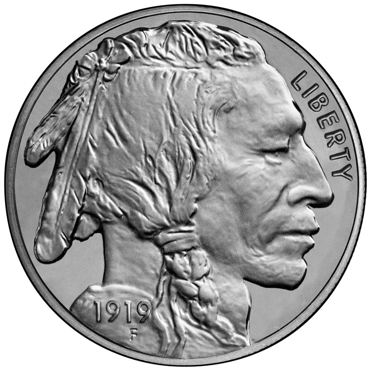 Silver buffalo nickel coin with a profile of a Native American chief and 'Liberty' text, dated 1919.