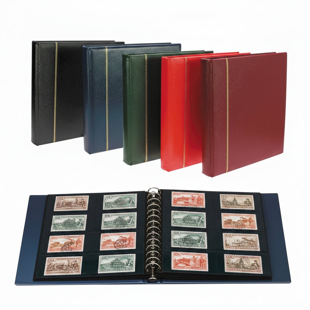 Collection of stamp albums in various colors with an open blue album showing black pages holding a plate block collection on a white background.