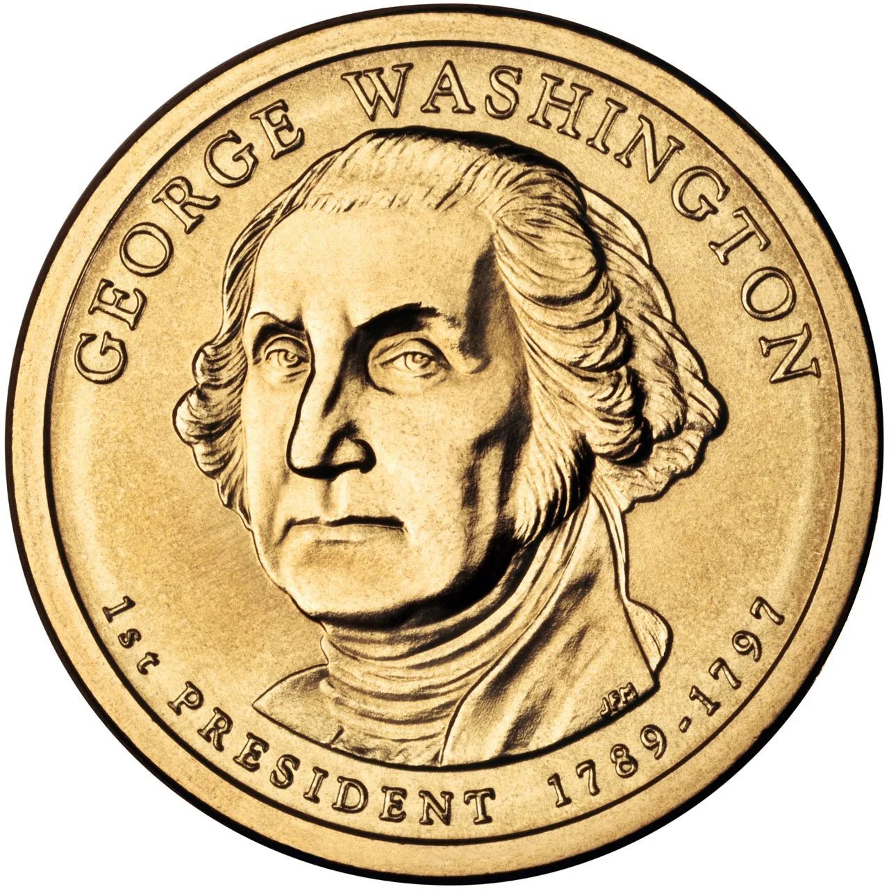 Gold presidential dollar coin with portrait of George Washington and inscriptions