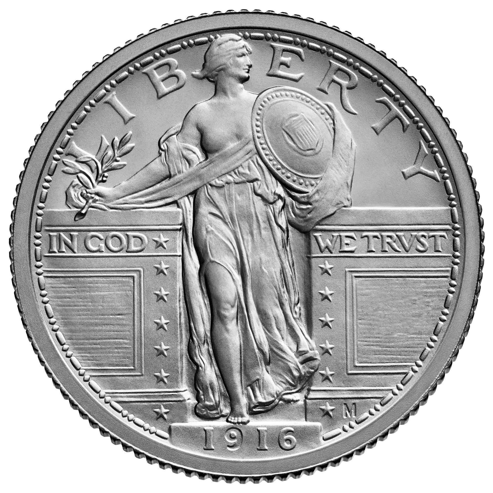 Silver quarter with 'Liberty' and 'In God We Trust' inscriptions, featuring a person holding a shield on a white background