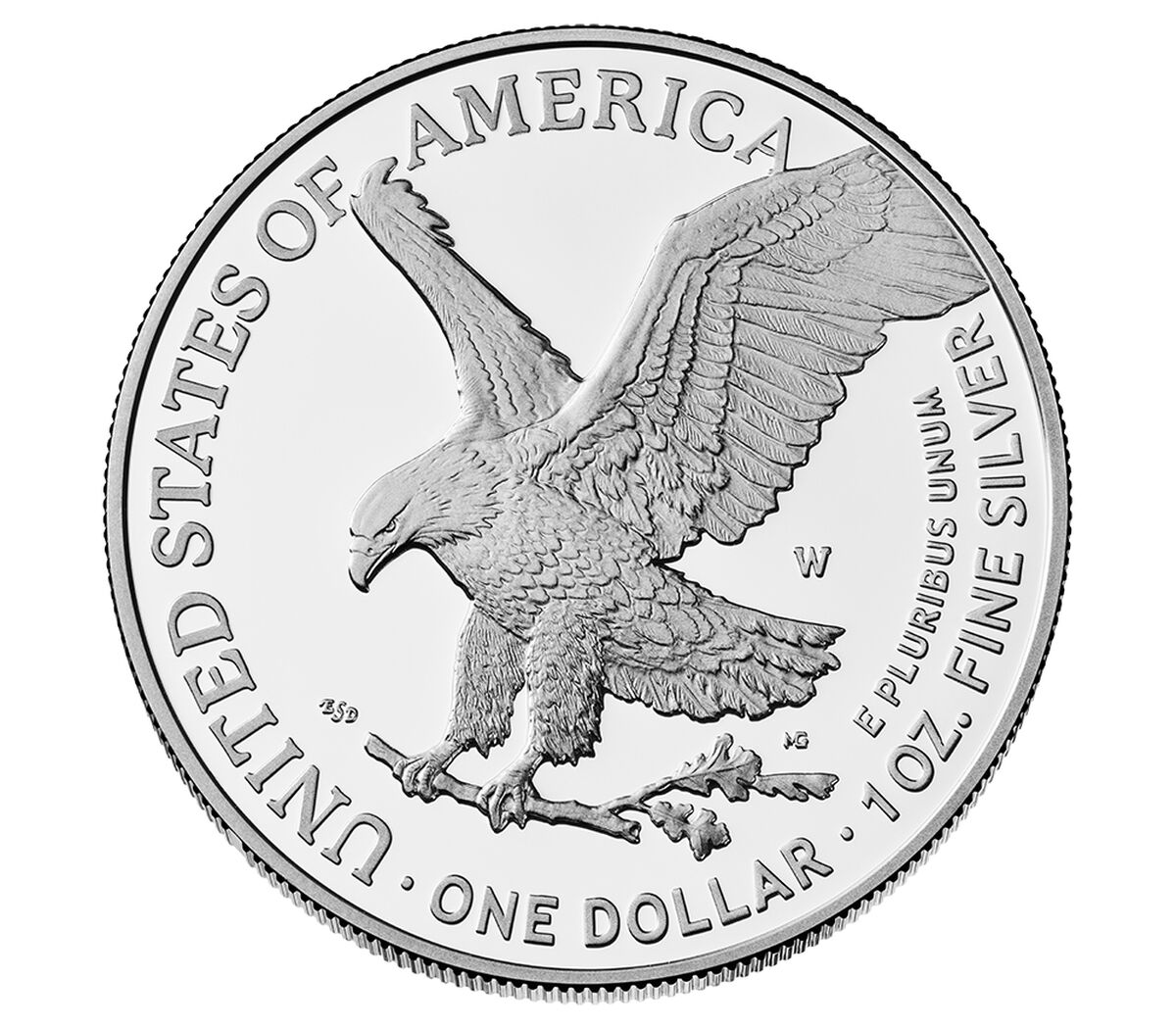 Silver coin with an eagle and the words "United States of America" on a white background