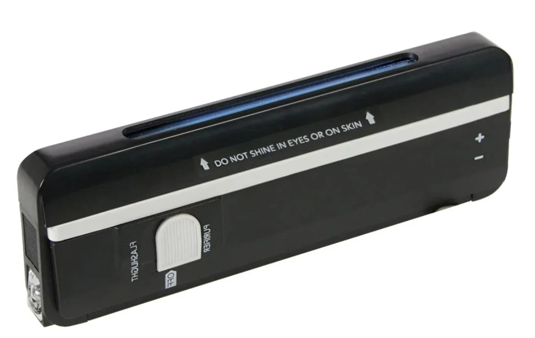 Black handheld UV Lamp device with built in flashlight on a white background