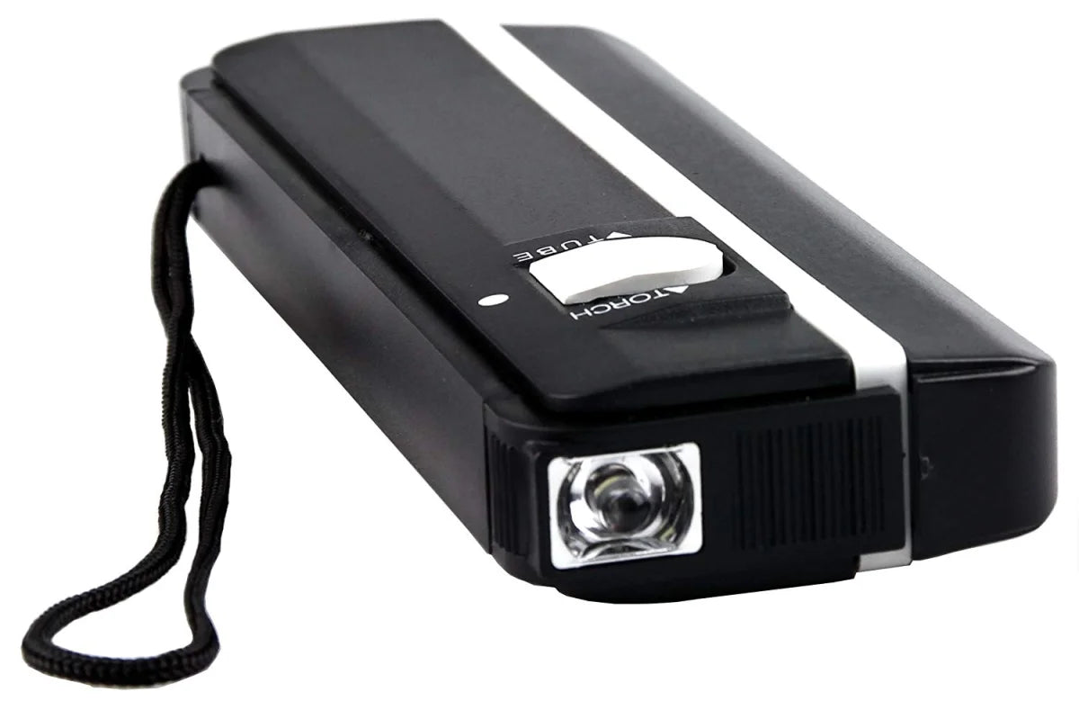 Black handheld UV Lamp device with built in flashlight on a white background