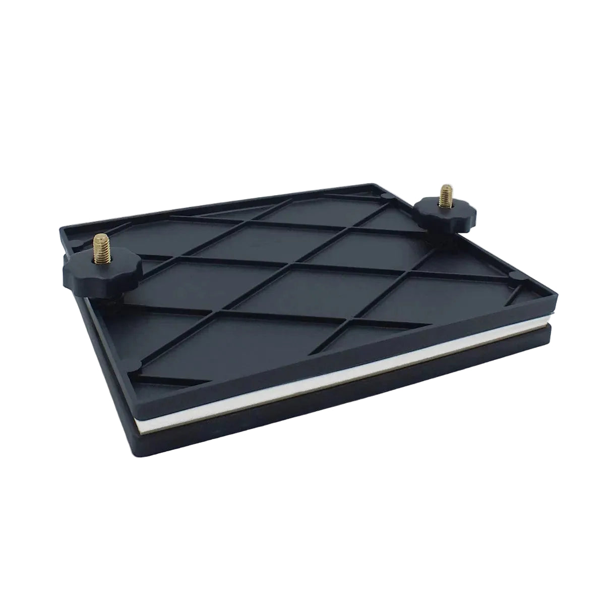 Manual stamp drying press with vinyl and blotting sheets pressed between two black plastic rectangles, using the pressure of two gold screws, on a white background.