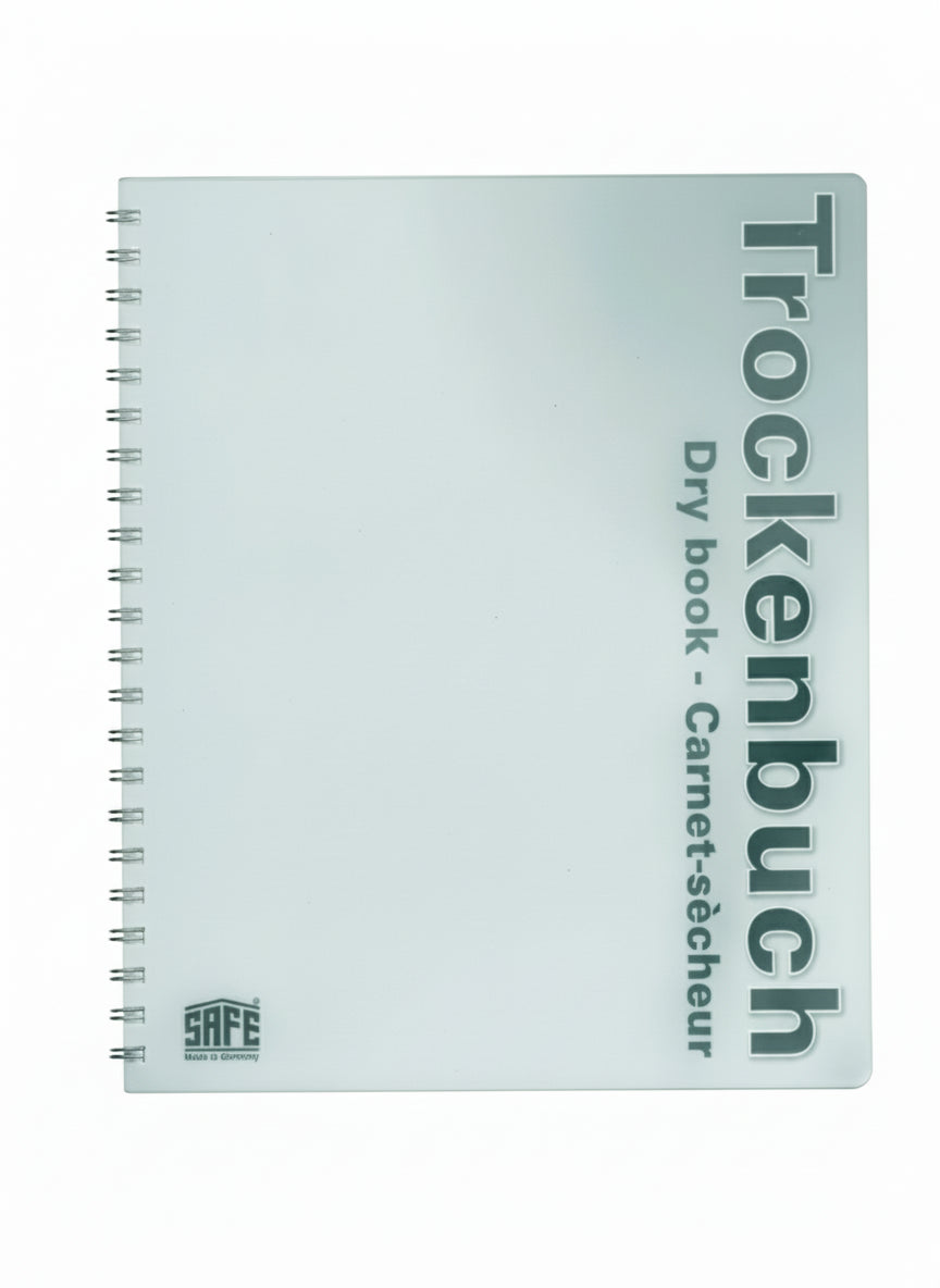 Stamp drying book with the word Trockenenbuch printed on the cover with 'SAFE' logo on a white background