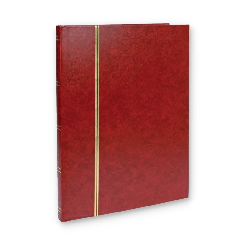 Red stamp album stockbook with gold accents on a white background