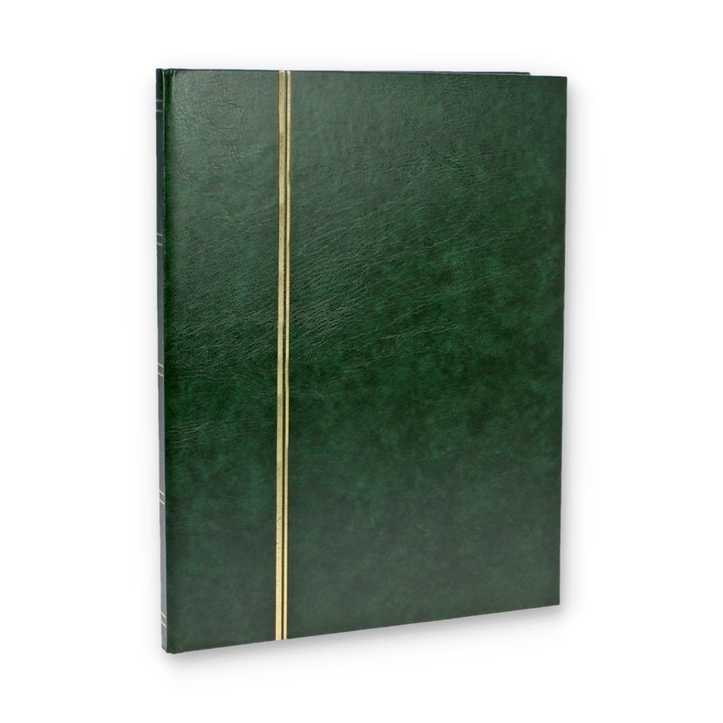 Green stamp album stockbook with gold accents on a white background