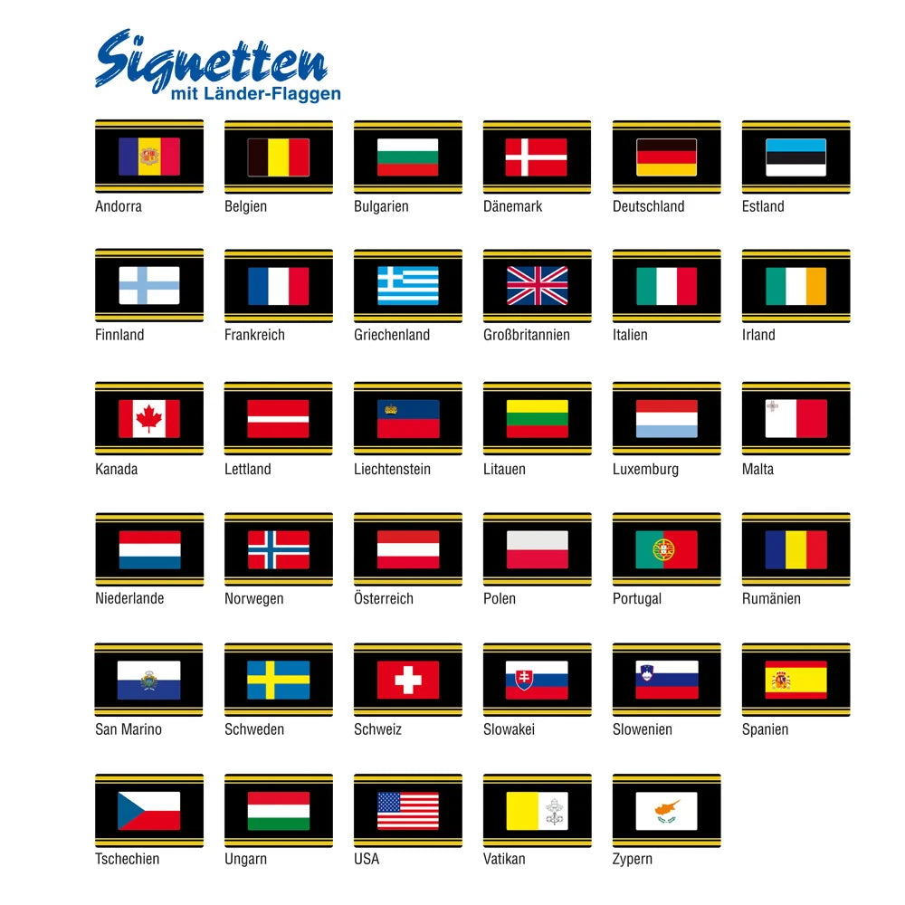Collection of black and gold embossed labels with flags from various countries for album spine labeling/organizing on a white background