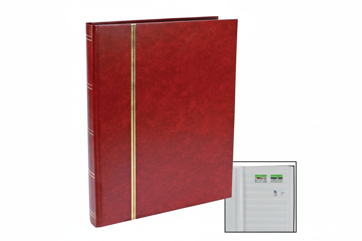 Red stamp stockbook with gold binding and inset image of white pages with stamps on a white background