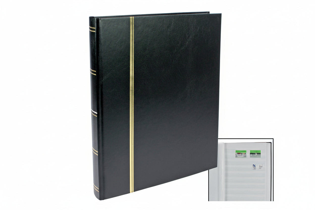 Black stamp stockbook with gold binding and inset image of white pages with stamps on a white background