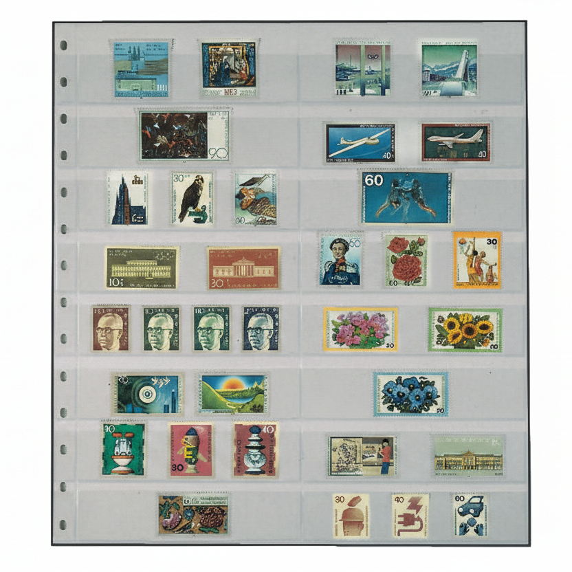 A collection of vintage postage stamps displayed in a grey stockbook page, showing a variety of colorful stamp designs.