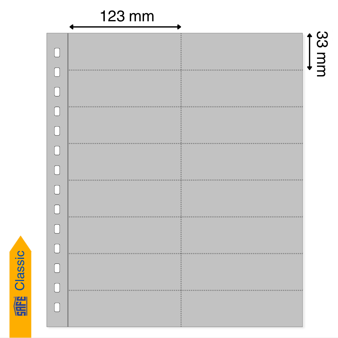 Illustration representing a gray album page with the pocket dimensions on a white background