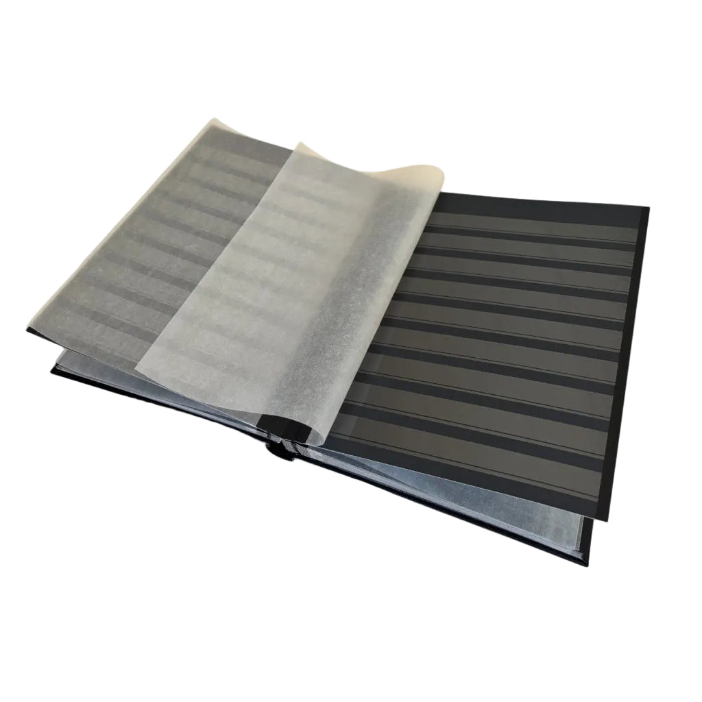 Open stamp stockbook with black pages and 9 glassine strips on a white background