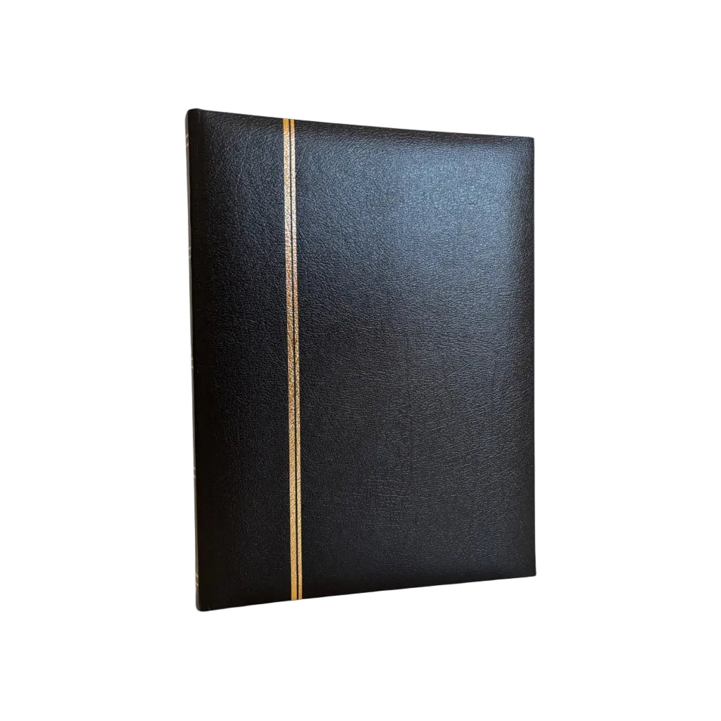 Black leather stamp stockbook with a gold accent on a white background