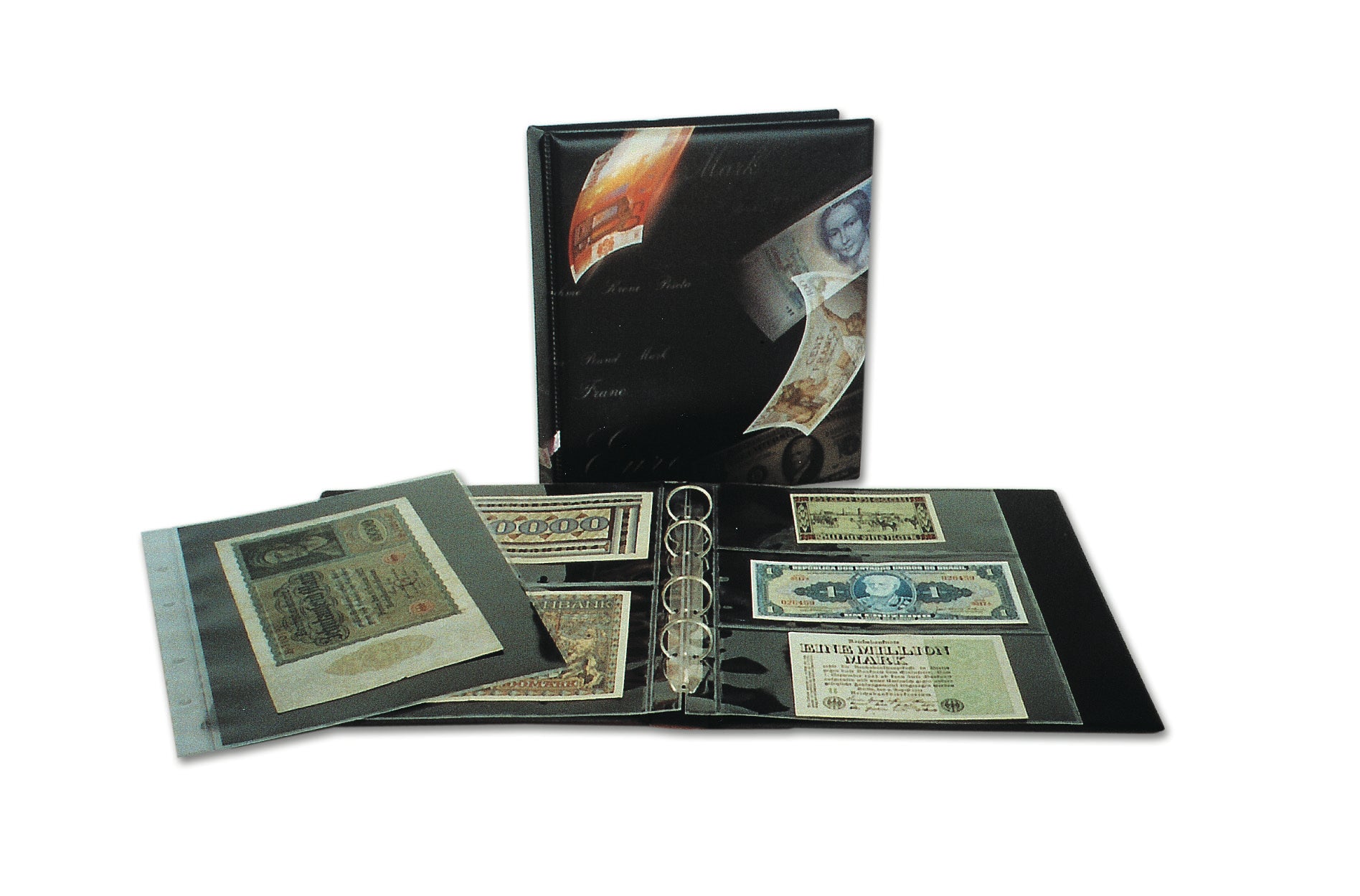 Closed ARTline binder and a collection of vintage banknotes inside the refill pages in an open ARTline album on a white background