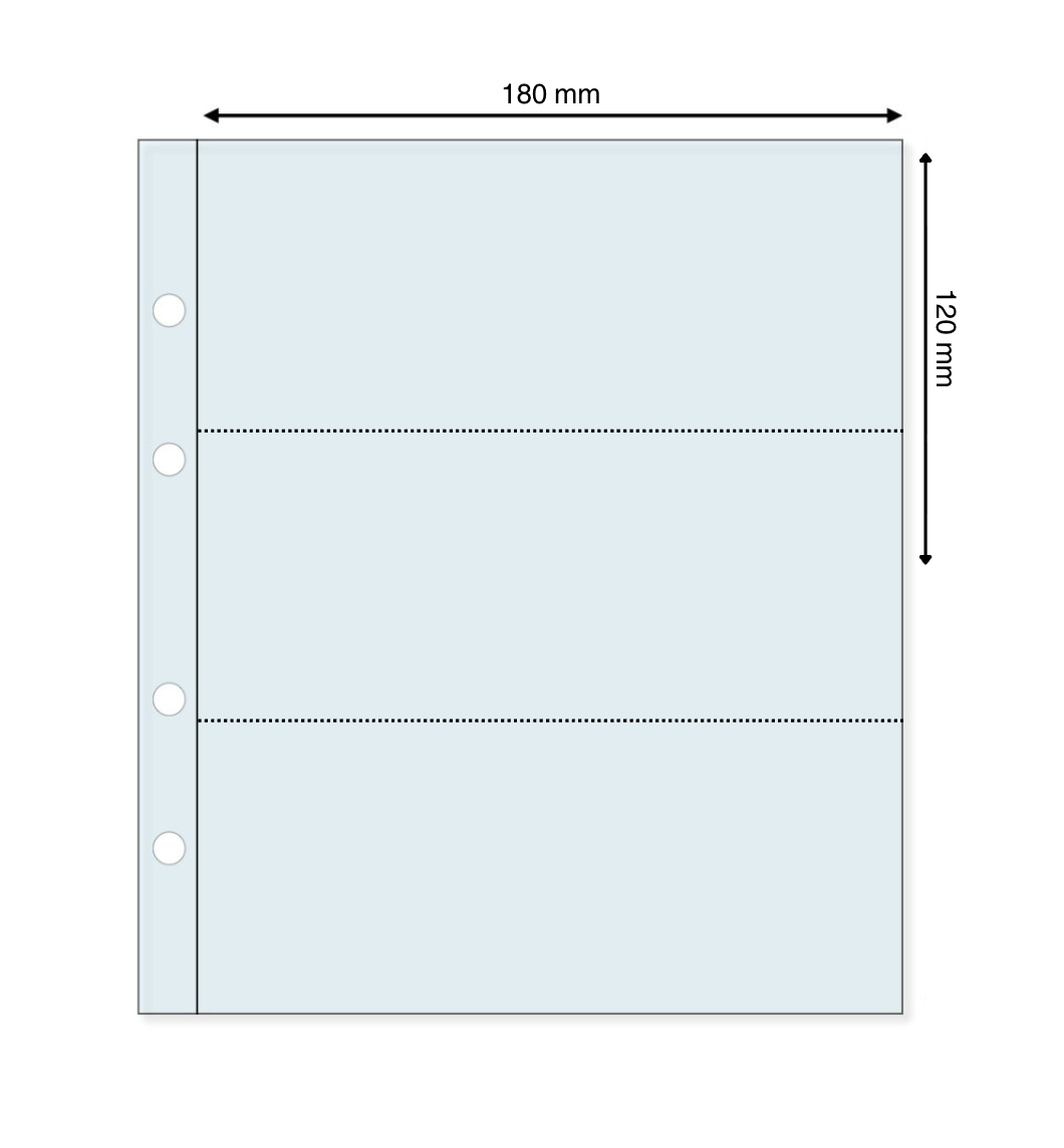 Transparent ARTline archvial refill page with 3 pockets and pocket dimensions on a white background