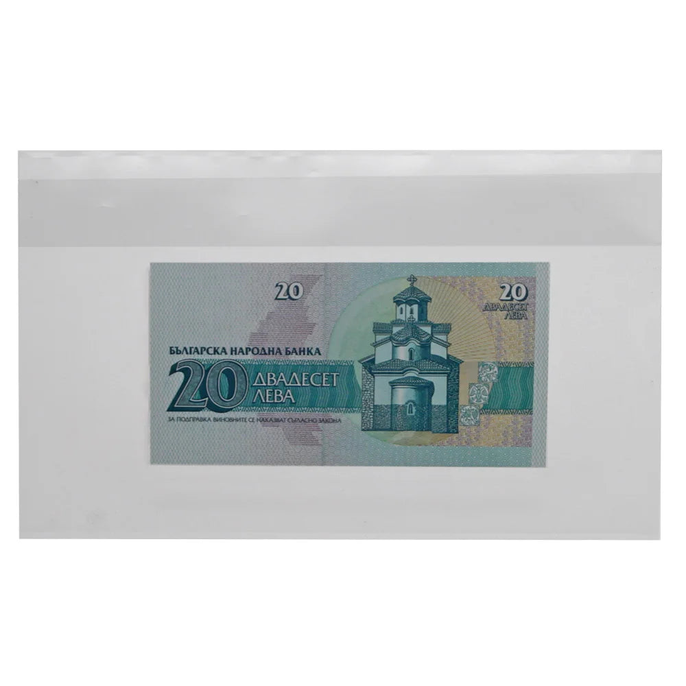 20 lev banknote from Bulgaria in a protective transparent wrap around sleeve