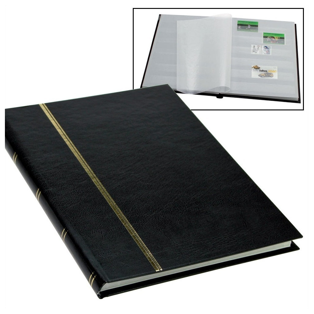 Black stamp album stockbook with gold binding and inset image of open stockbook with white pages & stamps on a white background
