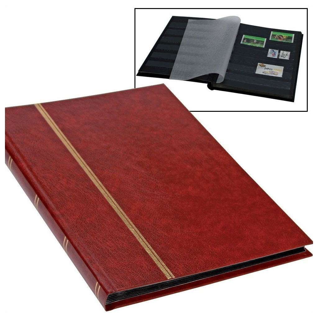 Red stamp album stockbook with gold binding and inset image of open stockbook with black pages & stamps on a white background