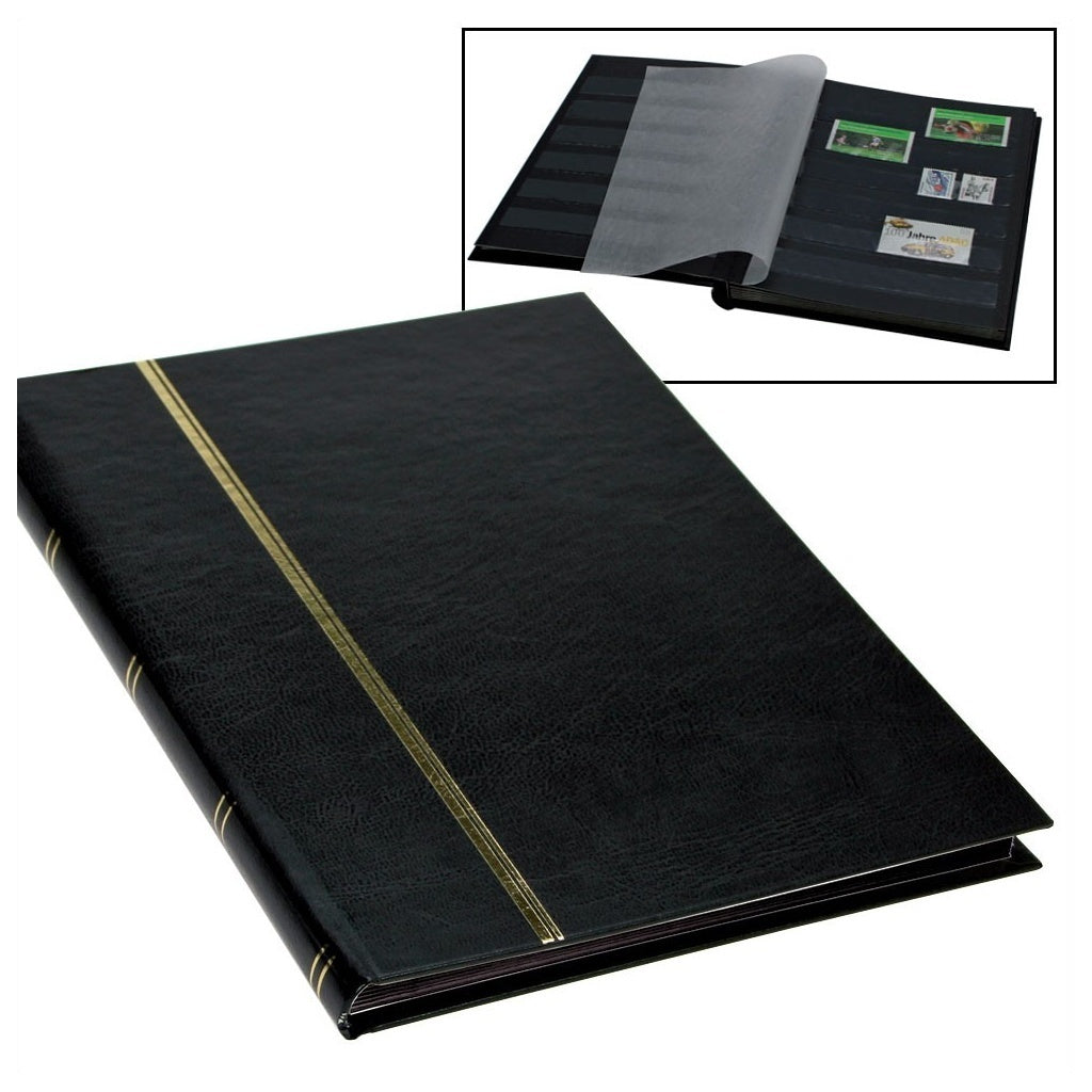 Black stamp album stockbook with gold binding and inset image of open stockbook with black pages & stamps on a white background