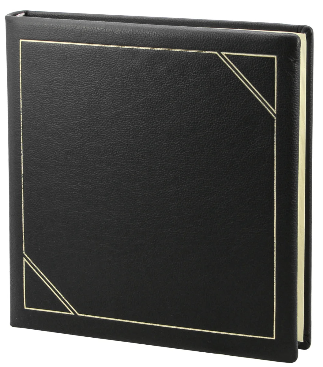 Black leather album with gold stitching on a white background