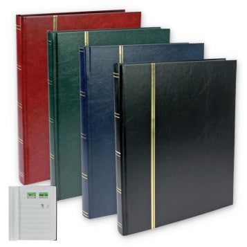 Set of four stamp album stockbooks in red, green, blue, and black with gold details and an inset image of white pages & stamps on a white background.