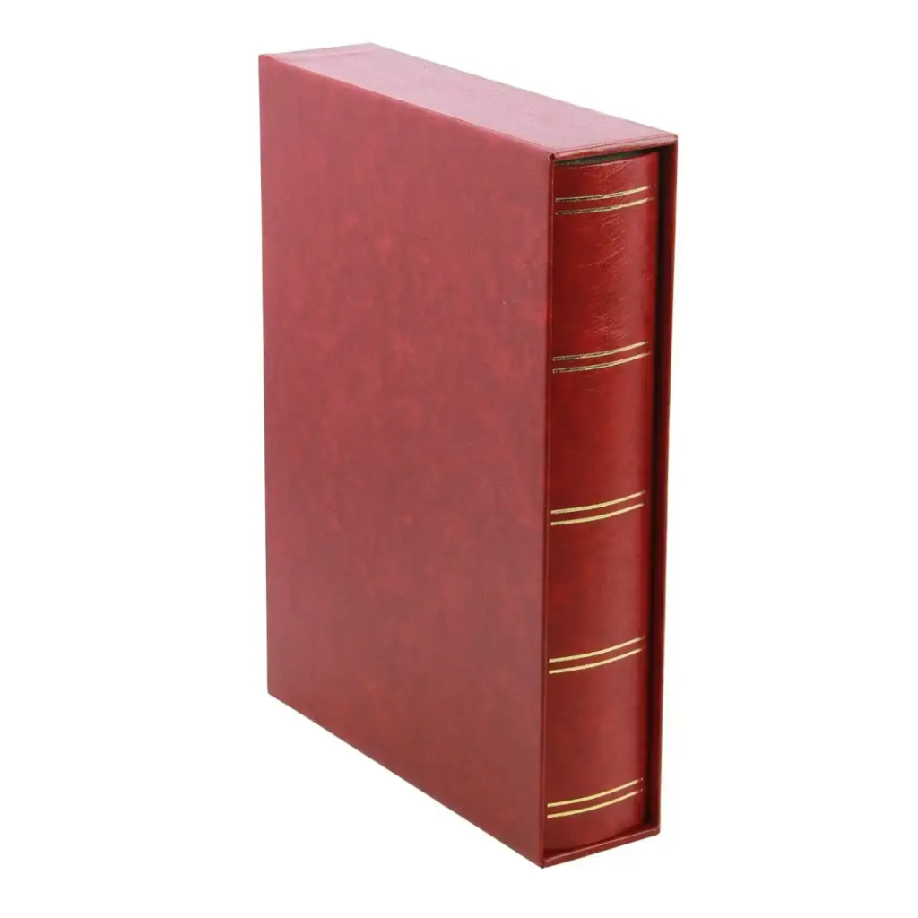 Closed red stamp album stockbook with gold accents inside the matching album slipcase on a white background