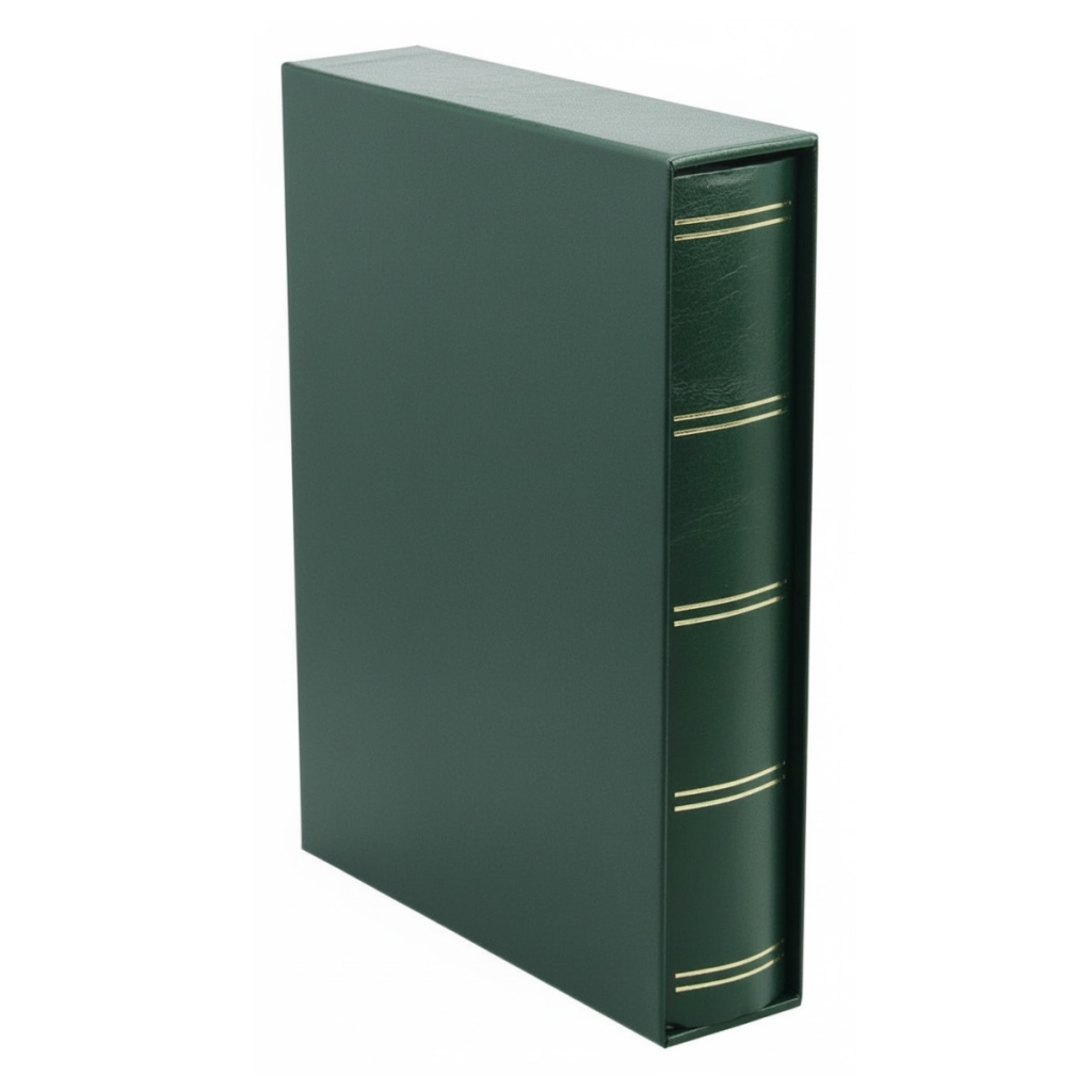 Closed green stamp album stockbook with gold accents inside the matching album slipcase on a white background