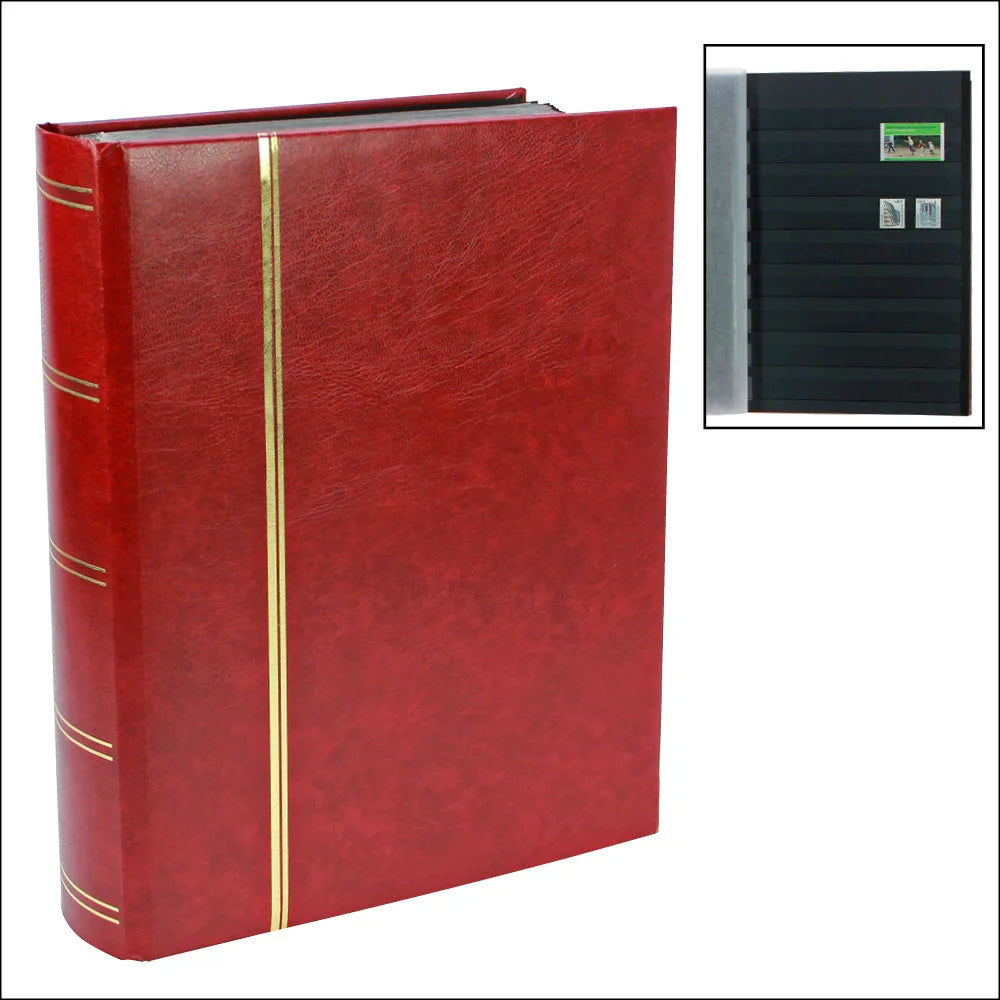 Red stamp stockbook with gold accents and inset image of black pages with stamps on a white background